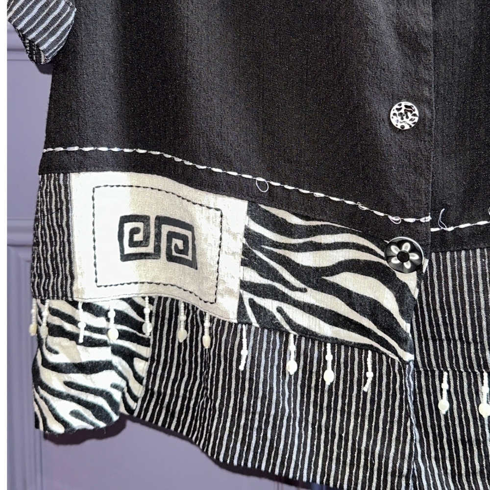 Koret Womens Large Vintage Black Zebra Patchwork Beaded Fringe Button Front Top - Picture 3 of 5